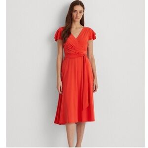 Lauren Ralph Lauren Orange Red Surplice Jersey Flutter-Sleeve Belted Dress S 0